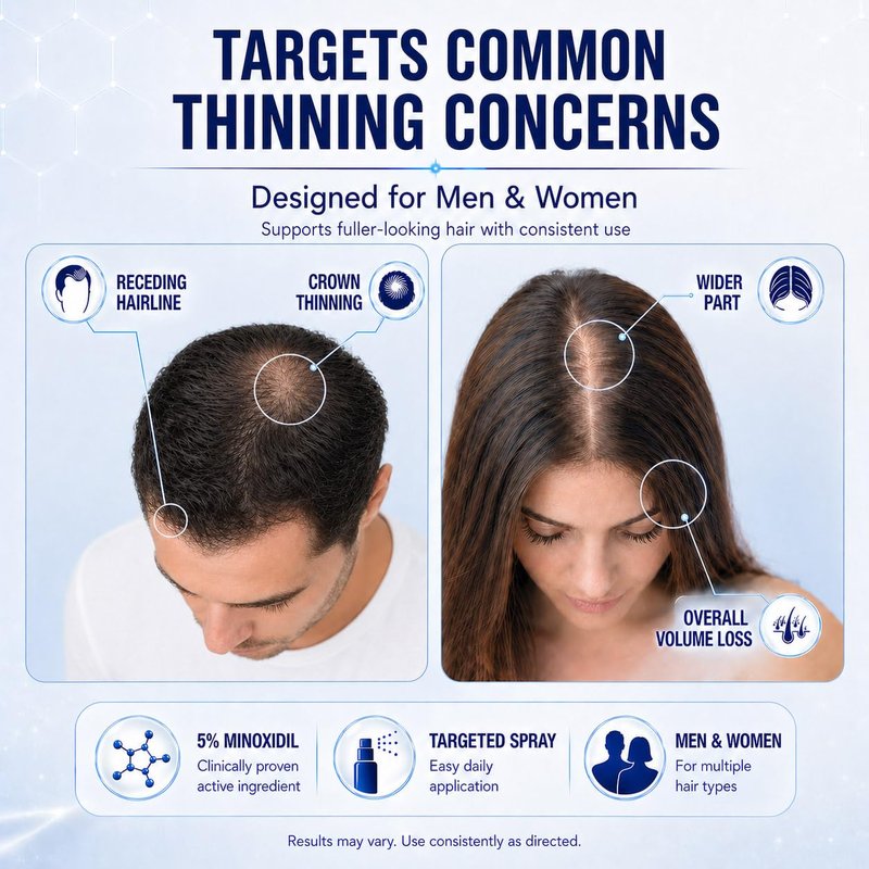 TruGlow 5% Minoxidil Hair Regrowth Treatment Spray - Unscented Scalp Solution for Thinning Hair | 2 oz
