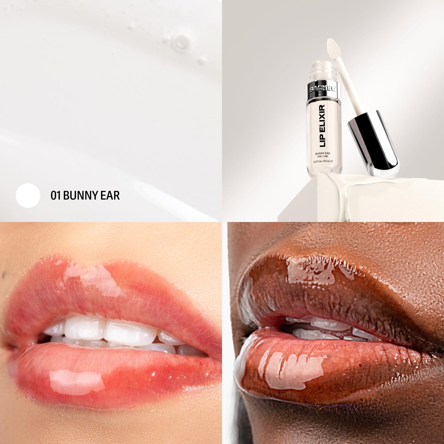 Sacheu Lip Elixir Hydrating Lip Gloss, High-Shine, Bunny Ear (Clear)