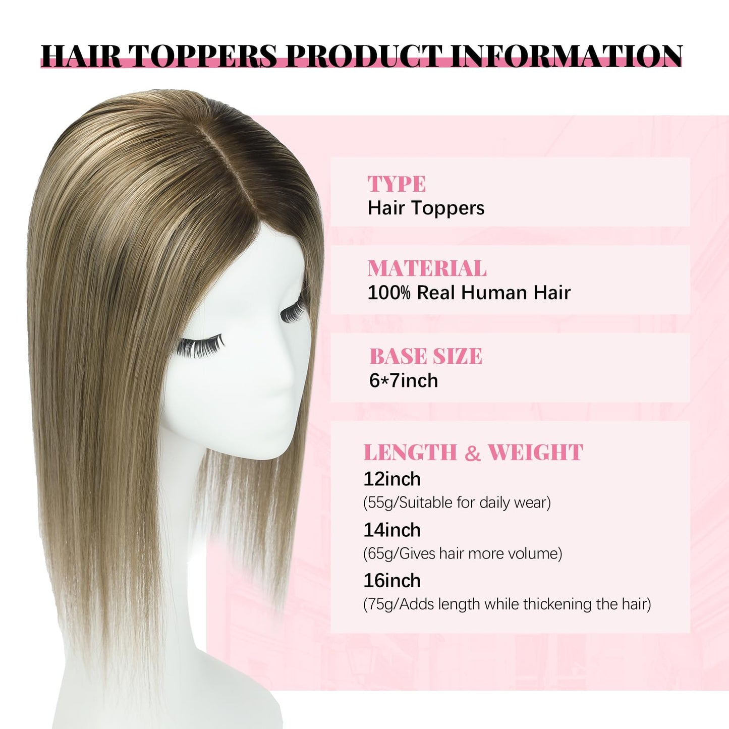 HappyNewHair Hair Toppers for Women Real Human Hair,6x7inch Large Base 360° 3D Human Hair Topper Dark Brown To Chestnut Brown Highlight Ash Blonde 12inch 55g