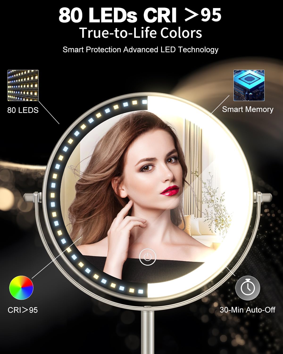 30X/1X Makeup Mirror with Lights - Adjustable Height, 3 Lighting Modes & Rechargeable | Perfect Gift for Women