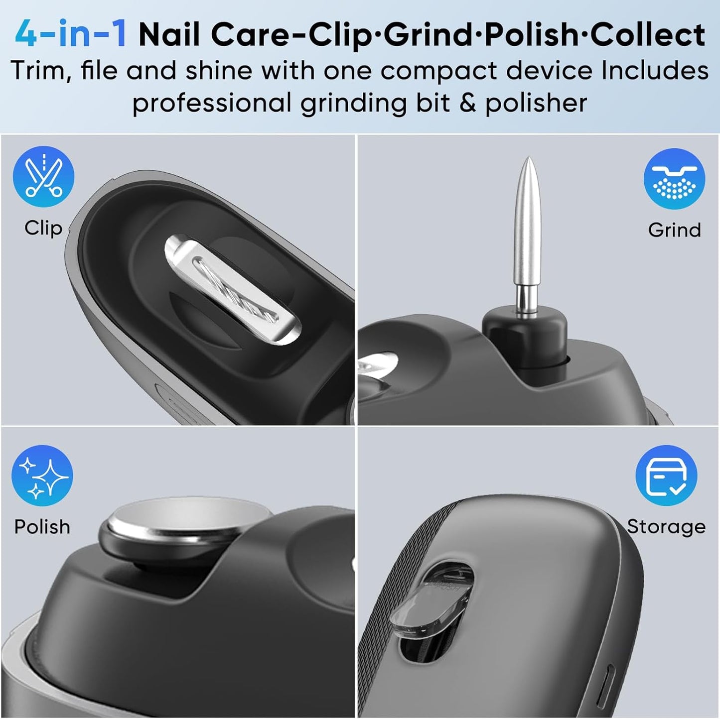 Electric Nail Clipper - Rechargeable One-Touch Trimmer with LED Light & Storage | Quiet Fingernail & Toenail Cutter for Adults - Black