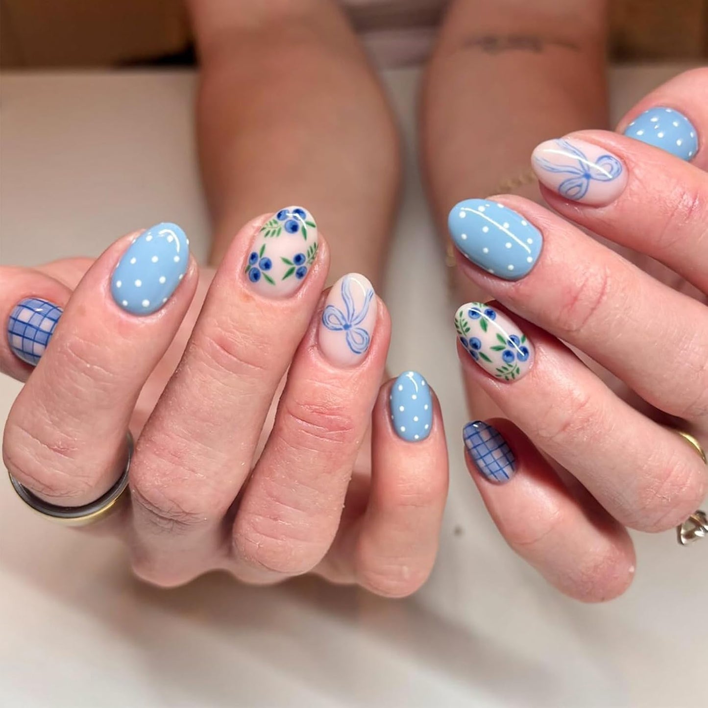 30Pcs Handmade Press-On Nails | Medium Almond 3D Ocean Wave Blueberry Floral Design with Pearls & Rhinestones