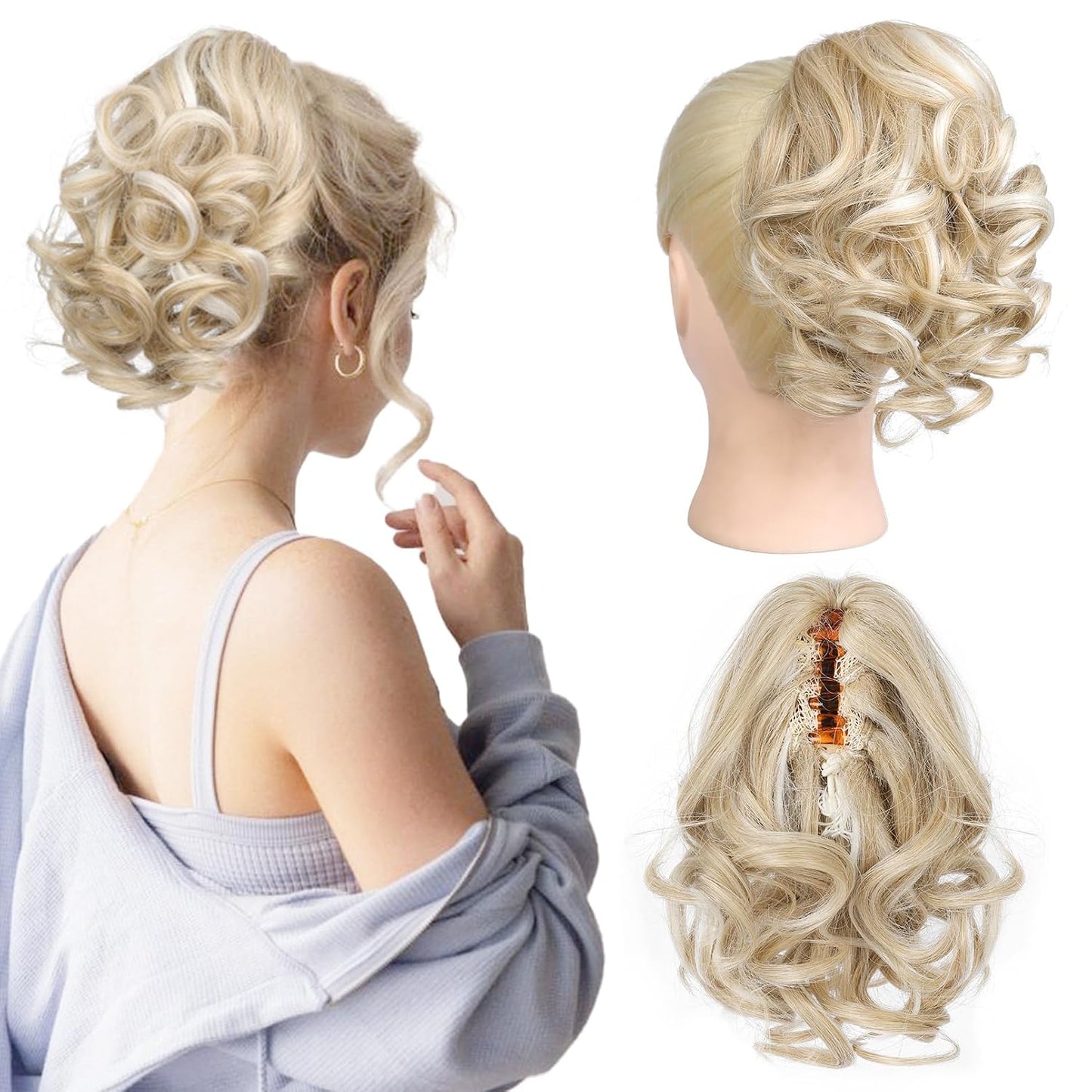 Short Ponytail Extension - Classic Loose Curly Wavy Claw Clip Hairpiece for Women | Natural Blonde with Highlights