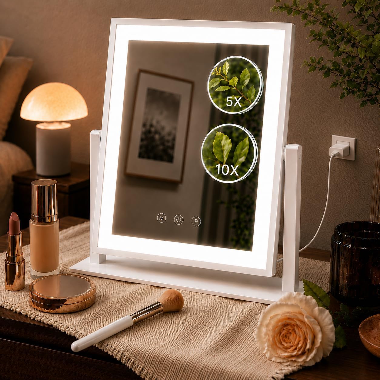 LED Vanity Makeup Mirror - 17.3 Inch with Dimmable Touch Control, 10X/5X Magnifiers & 3 Color Modes | 360° Rotation