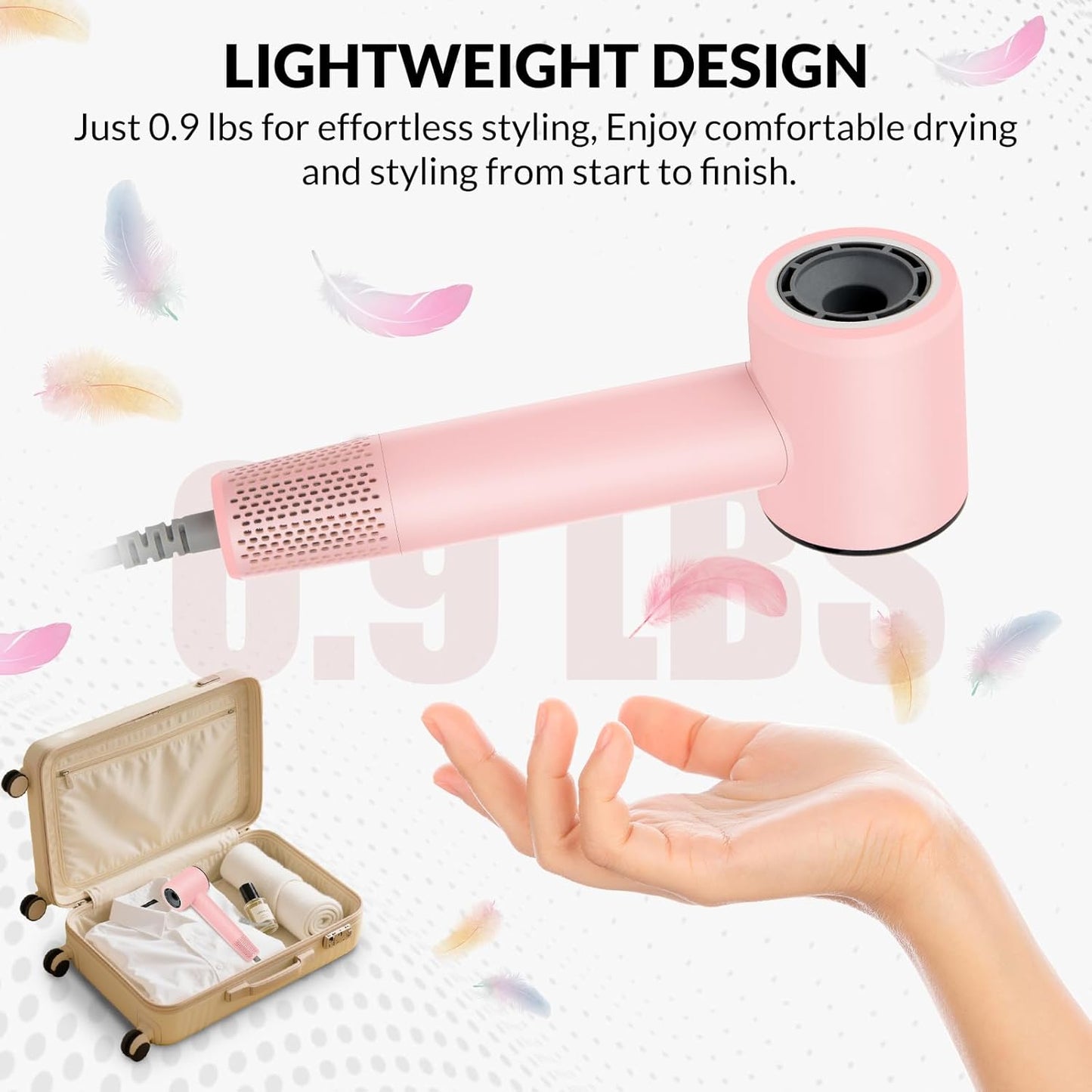 Chignon Ionic Travel Hair Dryer - 1600W Fast Drying Blow Dryer with Diffuser | Lightweight Pink Design