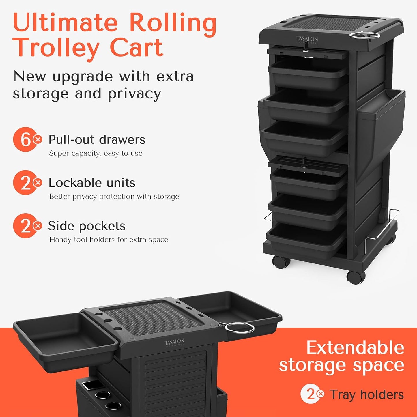 Professional Salon Trolley Cart - Lockable 6 Tray Mobile Storage for Hair & Beauty | Black