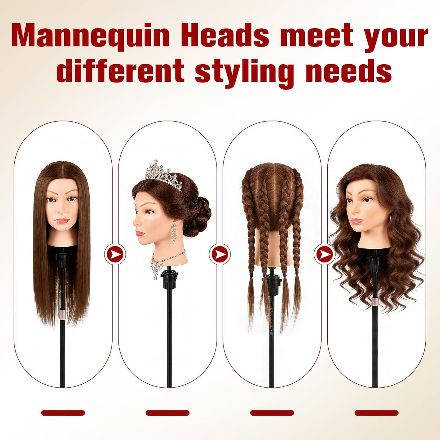Realistic Human Hair Mannequin Head - 22” Dark Brown Cosmetology Training Doll with Clamp & Styling Tools