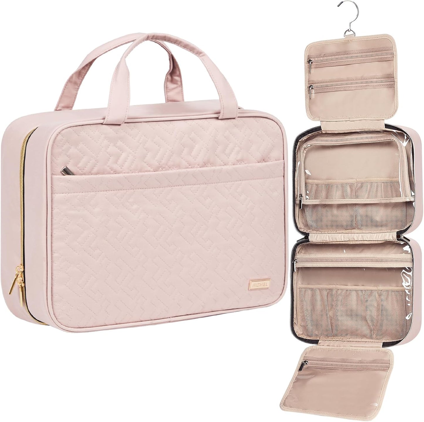 NISHEL Travel Toiletry Bag - Portable Hanging Organizer for Shampoo, Conditioner & Makeup | Medium Pink