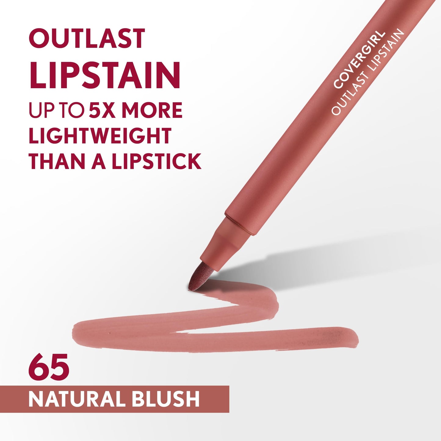 Covergirl Outlast Lipstain, 65 Natural Blush, Smooth Application, Precise Pen-Like Tip, Transfer-Proof, Satin Stained Finish, Vegan Formula, 0.06oz