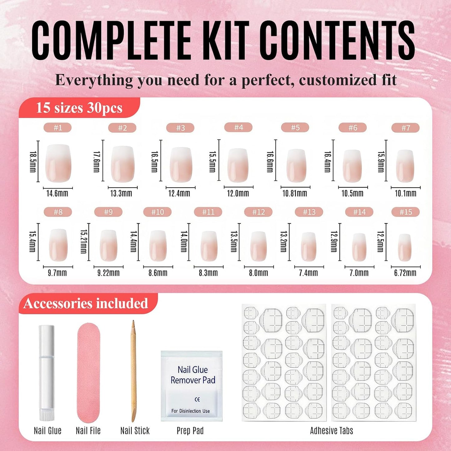Ombre Press On Nails - Short Square Soft Gel Nude Pink | 30 Pcs Reusable False Nails in 15 Sizes for Long-Lasting Wear