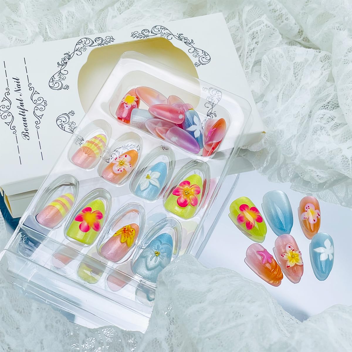 Handmade Press-On Nails - Short Almond French Tip with Pearl Design | 30 Pcs Glossy Oval Acrylic Full Cover for Women & Girls