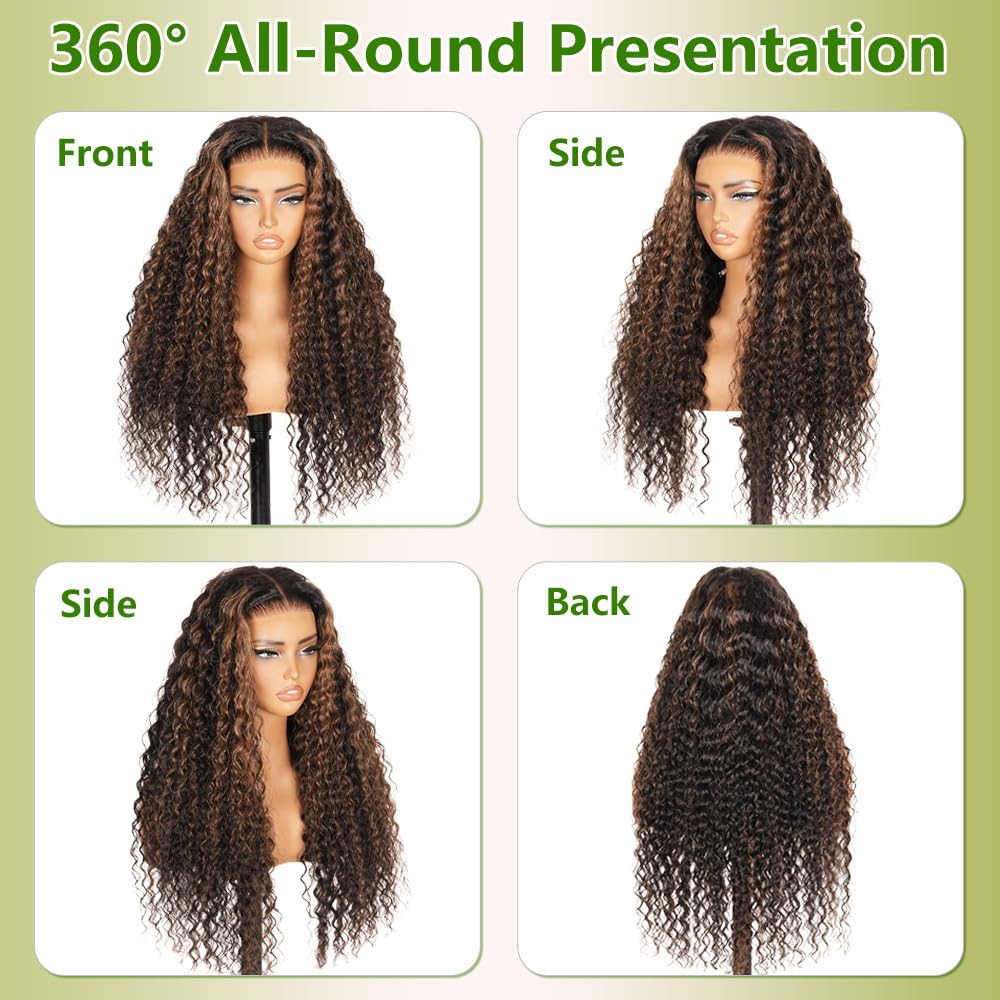 QUANDIAN Balayage Highlight Glueless Wigs Human Hair Pre Plucked Pre Cut 7x5 HD Lace 210 Density Deep Wave Lace Front Wigs Human Hair for Black Women Wear Go Drawstring Wig 18 Inch Ombre FB/30 Colored