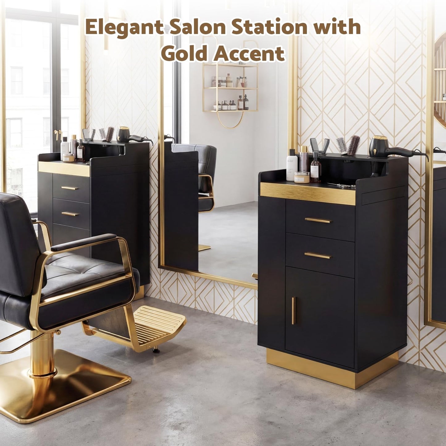 Oakvera Salon Station for Hair Stylist, Barber Station Salon Storage Systems with 3 Hot Tools Holders, a Tray, a Large Storage Cabinet & 2 Drawers for Barbershop, Beauty & Nail Salon, Black