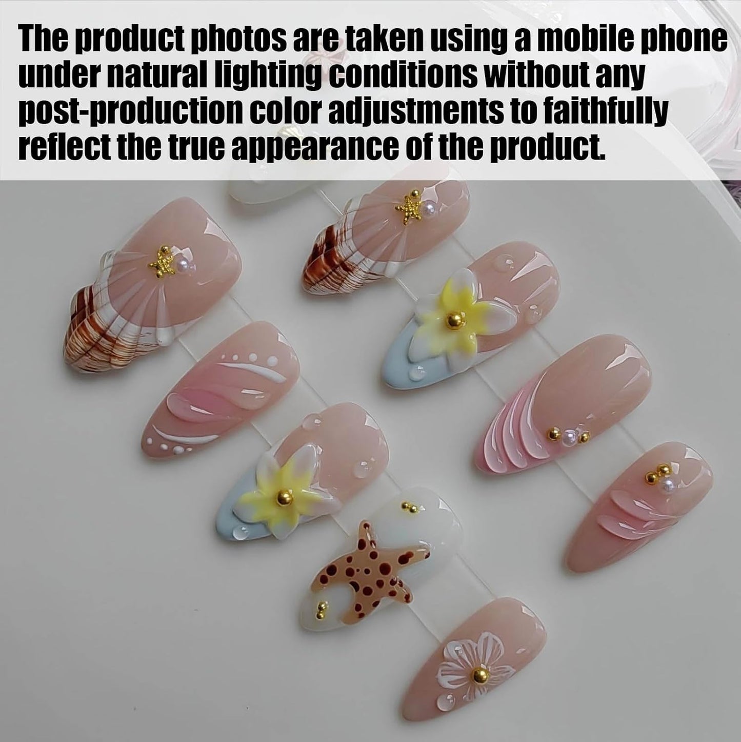 Press-On Almond Nails - Medium Nude Summer Design with Flowers & Starfish | 10pcs Set