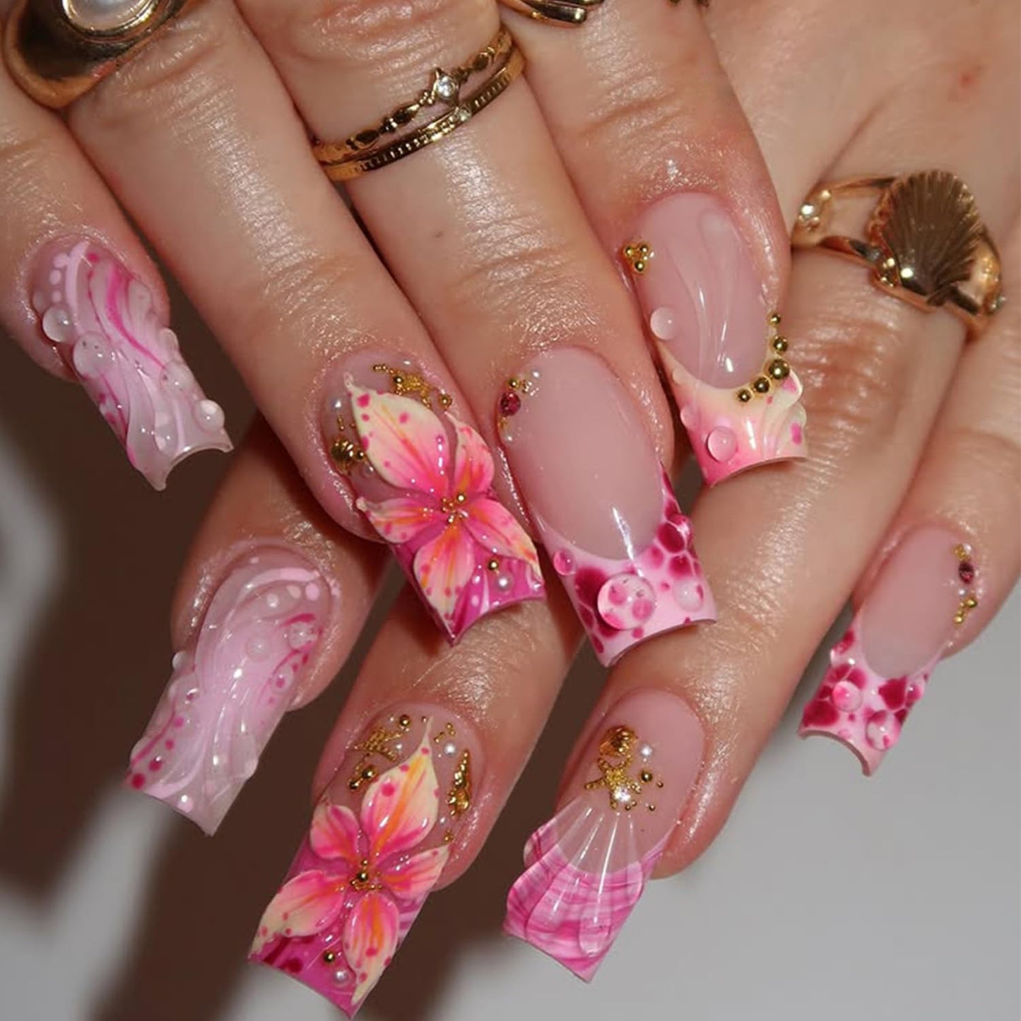 Press-On Nails - 24Pcs Pink Floral Almond Fake Nails with 3D Butterfly Designs | Medium Length, Full Cover