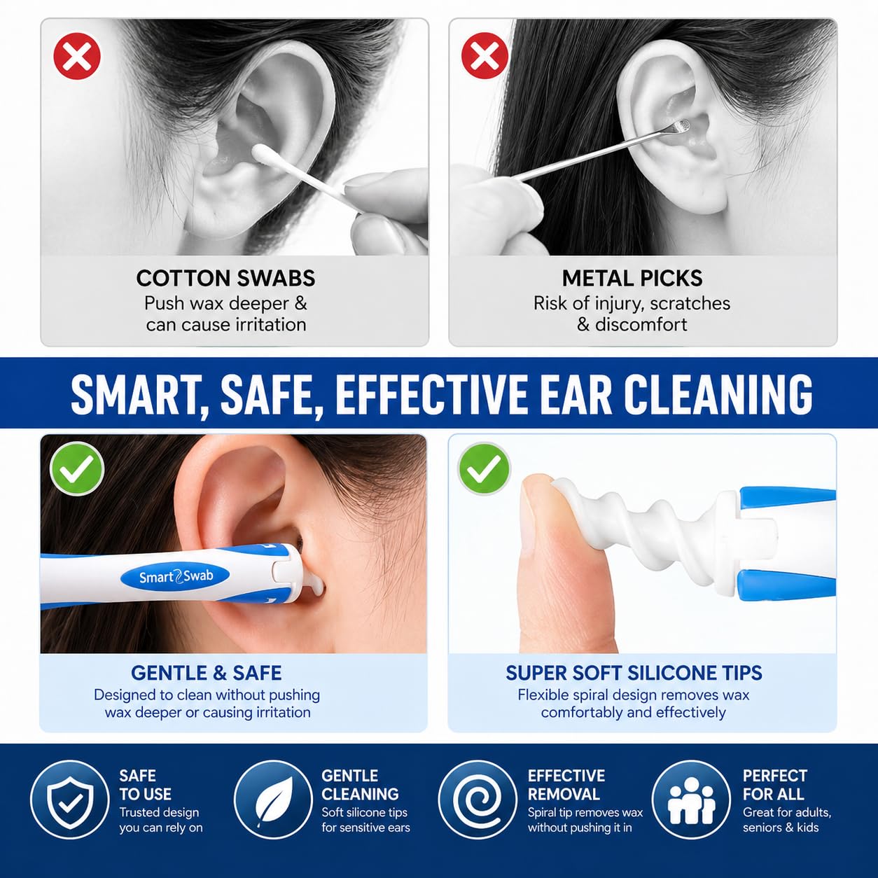 Smart Swab Spiral Ear Wax Removal Replacement Tips – 32 Soft Silicone Spiral Tips Only (No Handle) | Patented Safe Ear Cleaning Design | Easy, Gentle & Reusable Ear Cleaner Refills