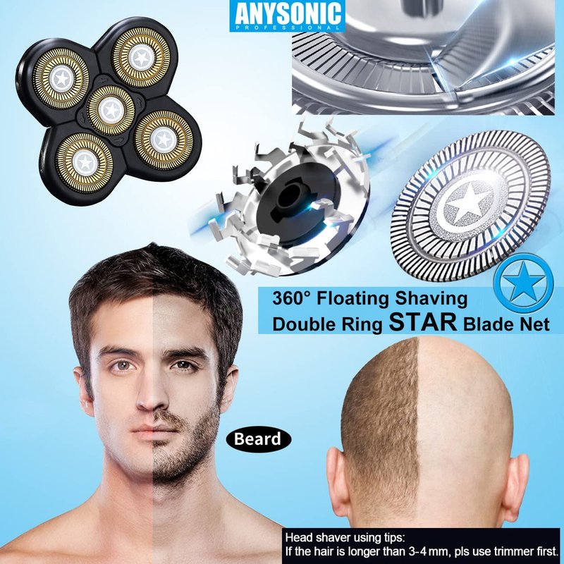 Universal 5 Blades Men's Electric Shaver Replacement Heads (5 Star series) for Head Shaver Universal replacement heads Wet and Dry (5 Blades, Black)