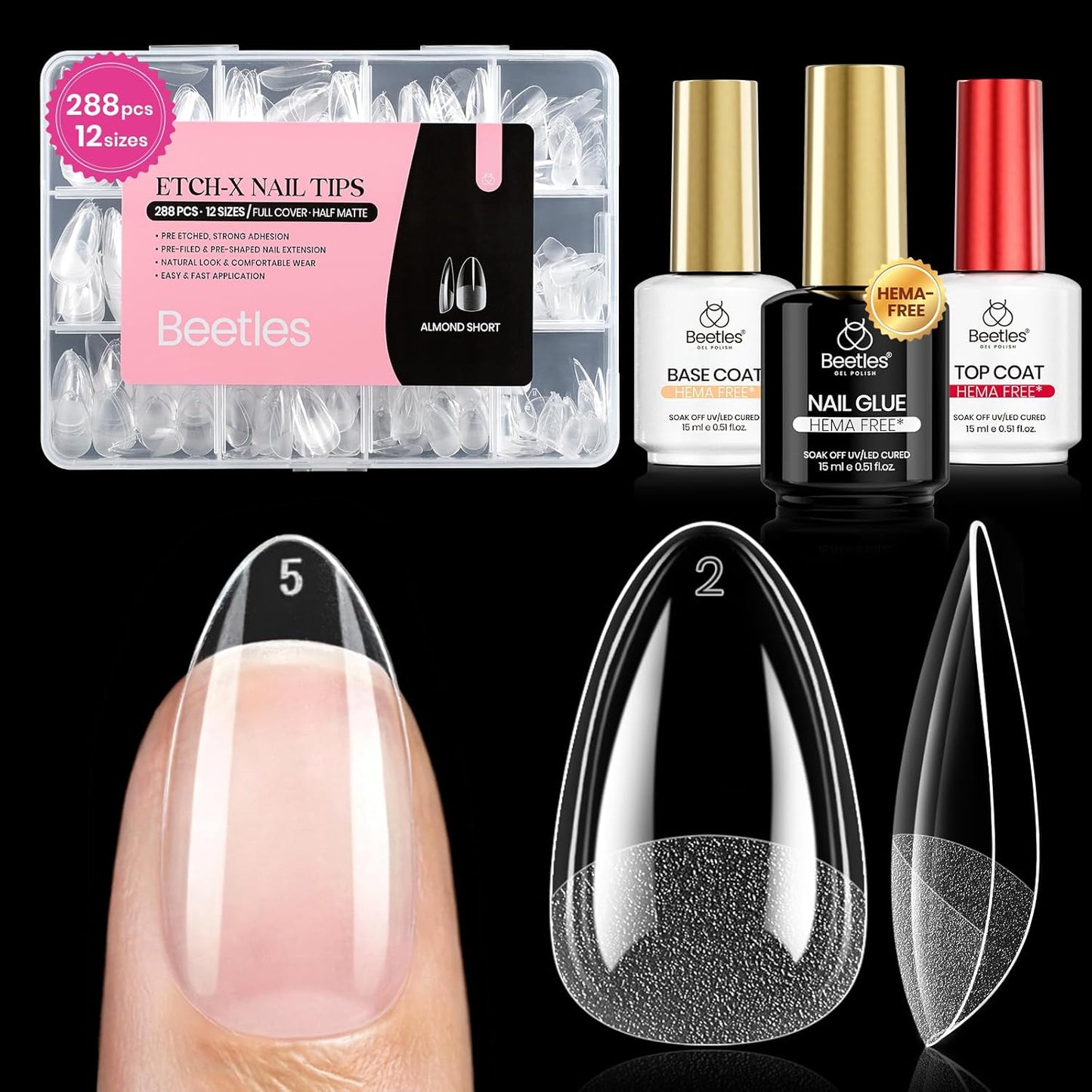 Beetles Gel Nail Kit - Almond Medium 288pcs Nail Tips with Hema-Free Glue Gel | Pre-Etched Half Matte Extension Set for DIY
