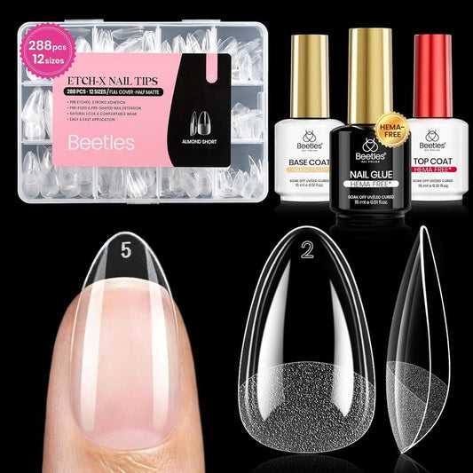 Beetles Gel Nail Kit - Almond Short 288pcs Nail Tips with Hema-Free Glue & Base Gel Set | DIY Acrylic Press-On Nails