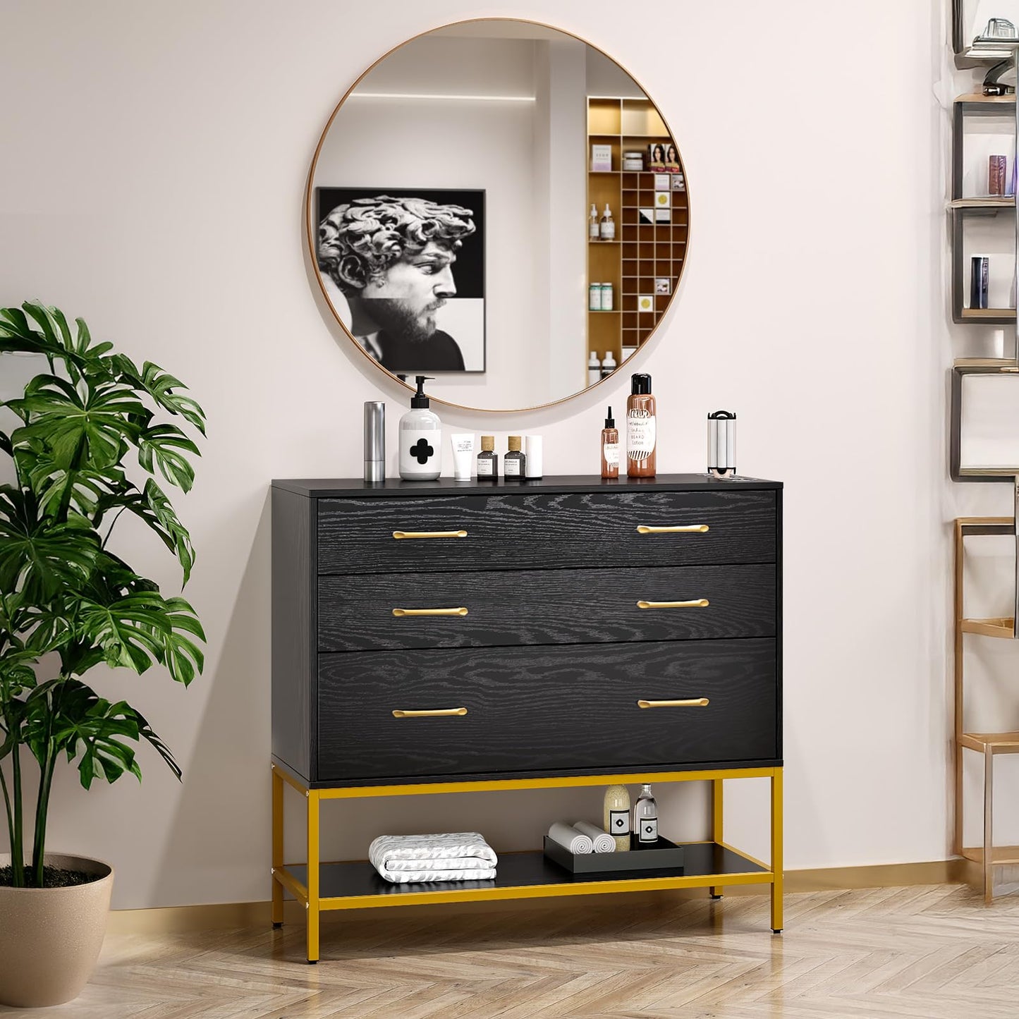 OmySalon Salon Station, Barber Station with 3 Drawers & 3 Hair Dryer Holders, Free Standing Cabinet with Open Shelf, Storage Styling Stations for Barbershop Beauty SPA, Black