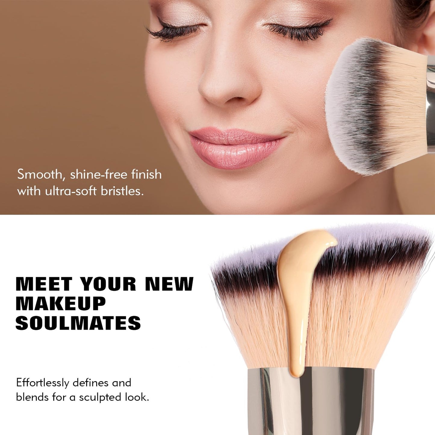 Dual-Ended Foundation Brush: Round & Angled makeup brushes, 100% Vegan Synthetic Makeup Brush for Flawless Blending and Application of Liquid, Powder, Cream, Blush