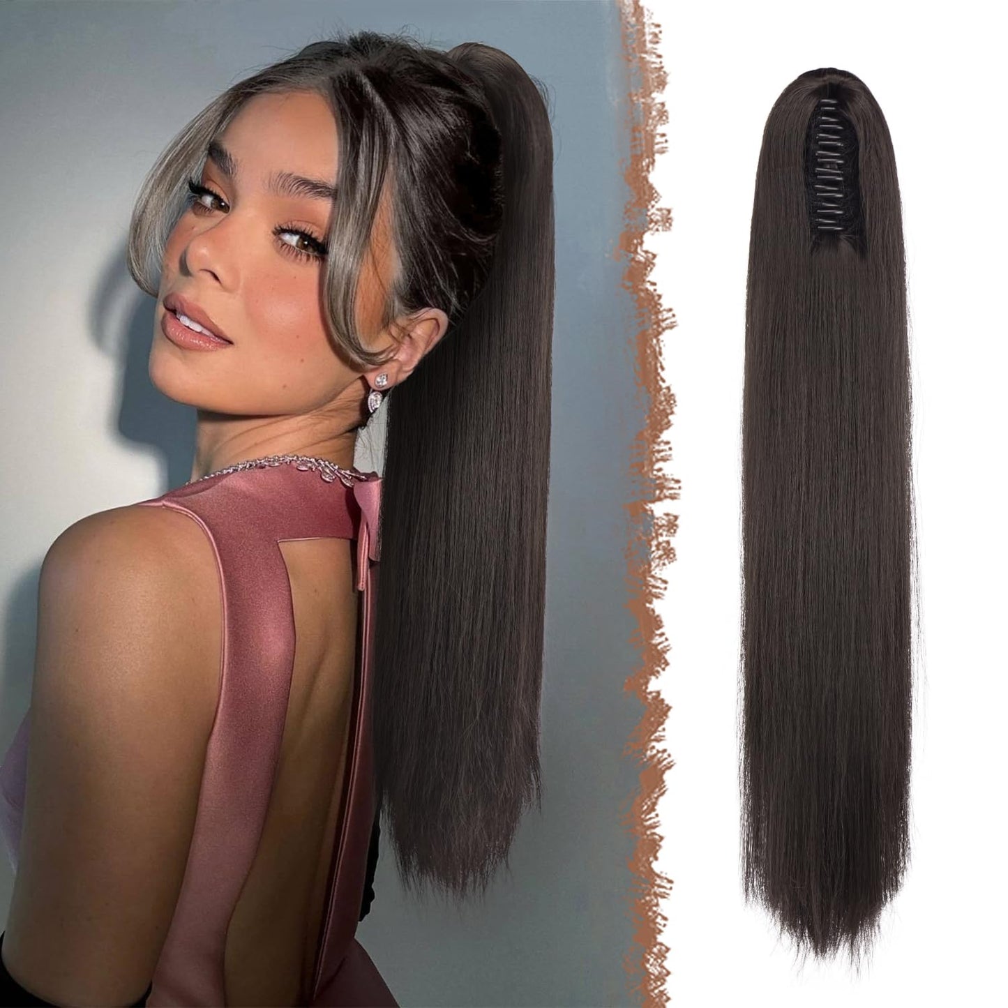 Claw Ponytail Extensions - Long Dark Brown Straight Hairpieces | 25-Inch Synthetic Clip-In Tails