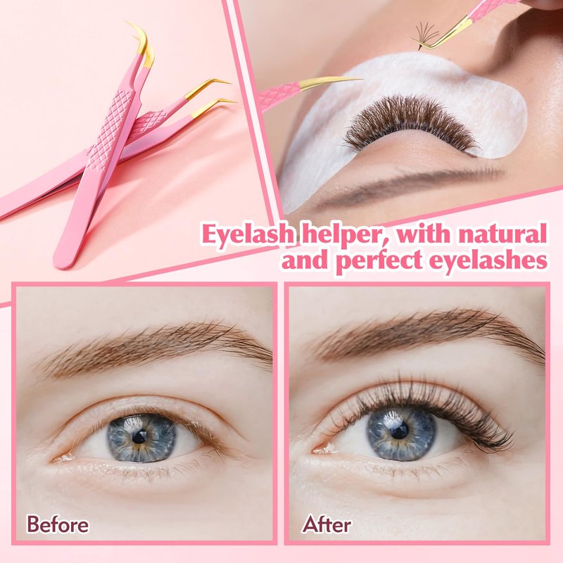 2PCS Professional Lash Tweezers Set, Bent & Straight Tip Precision Eyelash Extension Tweezers for False Lashes, Non-Slip Grip