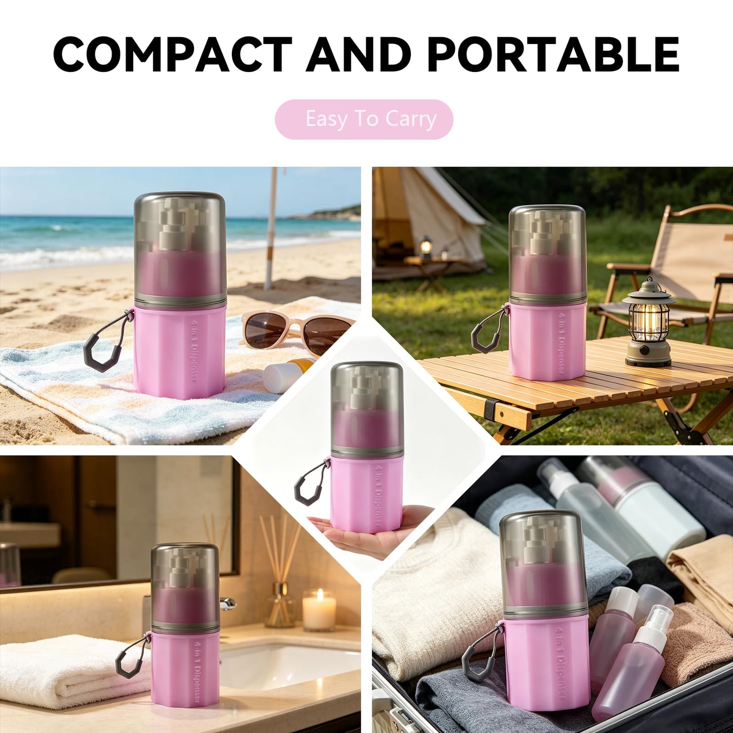 MORMID 4 in 1 Travel Dispenser，Unbreakable Silicone Travel Dispenser Bottle, Vacuum Suction Wall Mounted Refillable Containers,Leakproof Toiletry Containers for Shampoo, Lotion, Baby Care-Pink.