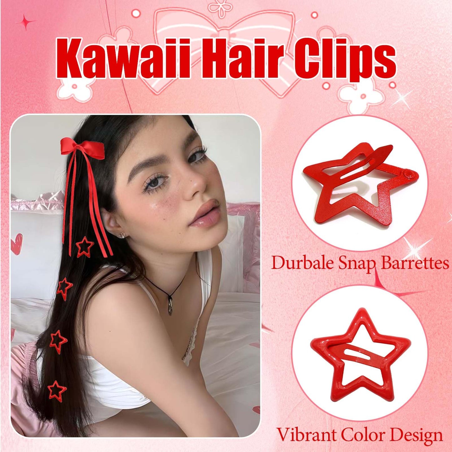 STGDAK Valentine's Day Red Hair Bows Cute Star Barrettes Small Bow Clips Satin Hair Ribbon Long Tail Stylish Star Clip Y2k Bowknot Barrette Kawaii Hairpins Coquette Accessoires For Girls Women