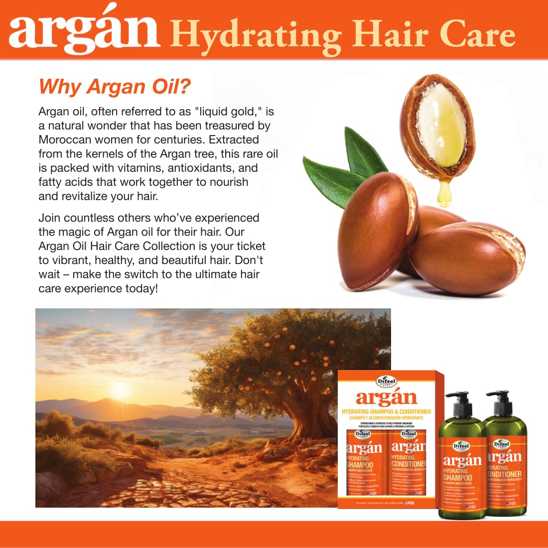 Difeel Argan Hydrating Shampoo & Conditioner Collection - 8 Piece Set, Includes Hair Oil, Mask, Leave in Spray, Travel Size - Sulfate Free, Paraben Free, Phthalate Free, Color Safe