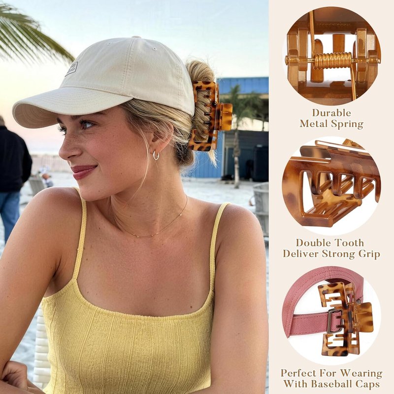 Hat Claw Clips for Women - 6 Pcs Non-Slip Hair Clips for Baseball & Trucker Hats | 4.1 Inch Tortoise Design