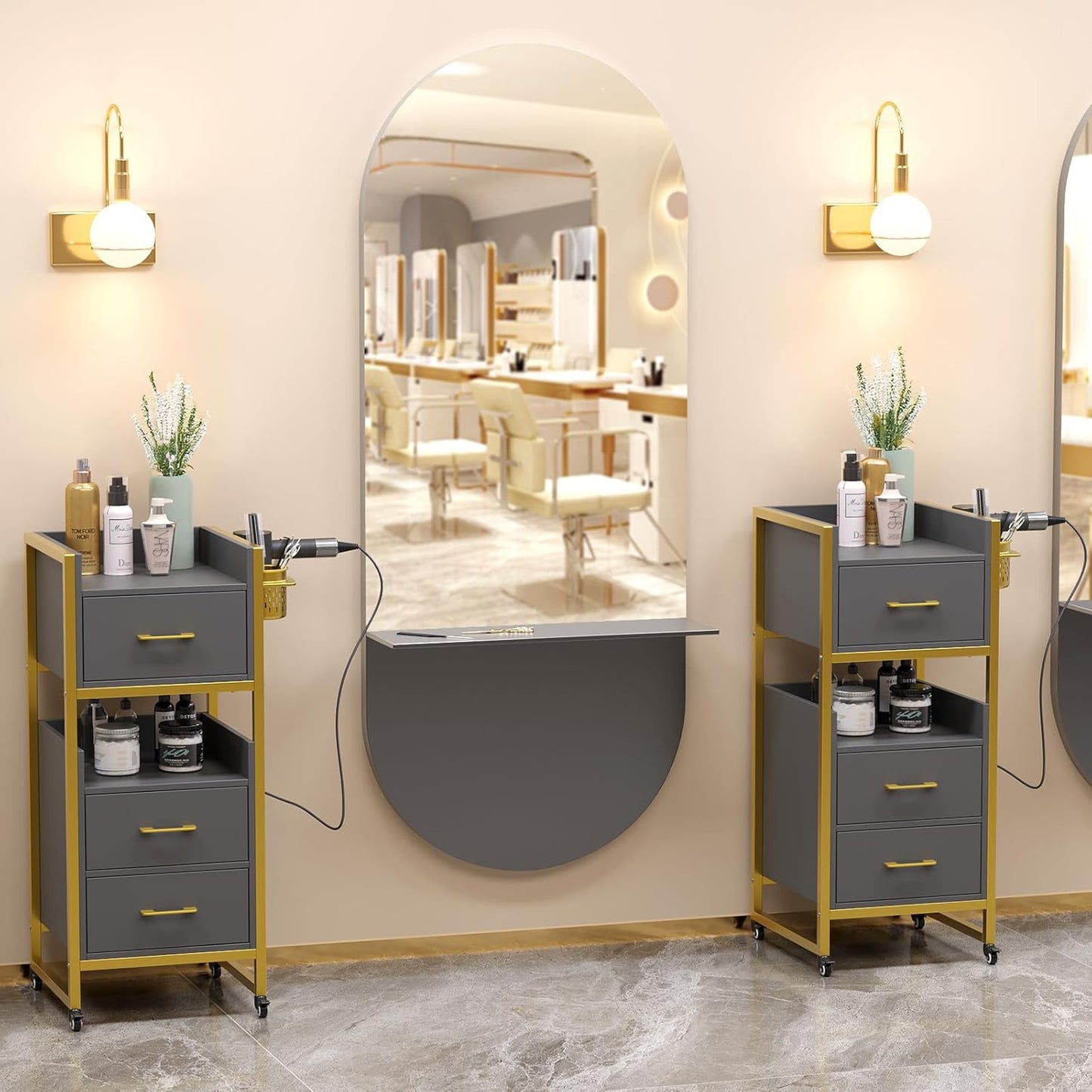 OmySalon Salon Trolley Cart - Mobile Hair Styling Station with 3 Drawers & 2 Shelves | Gray