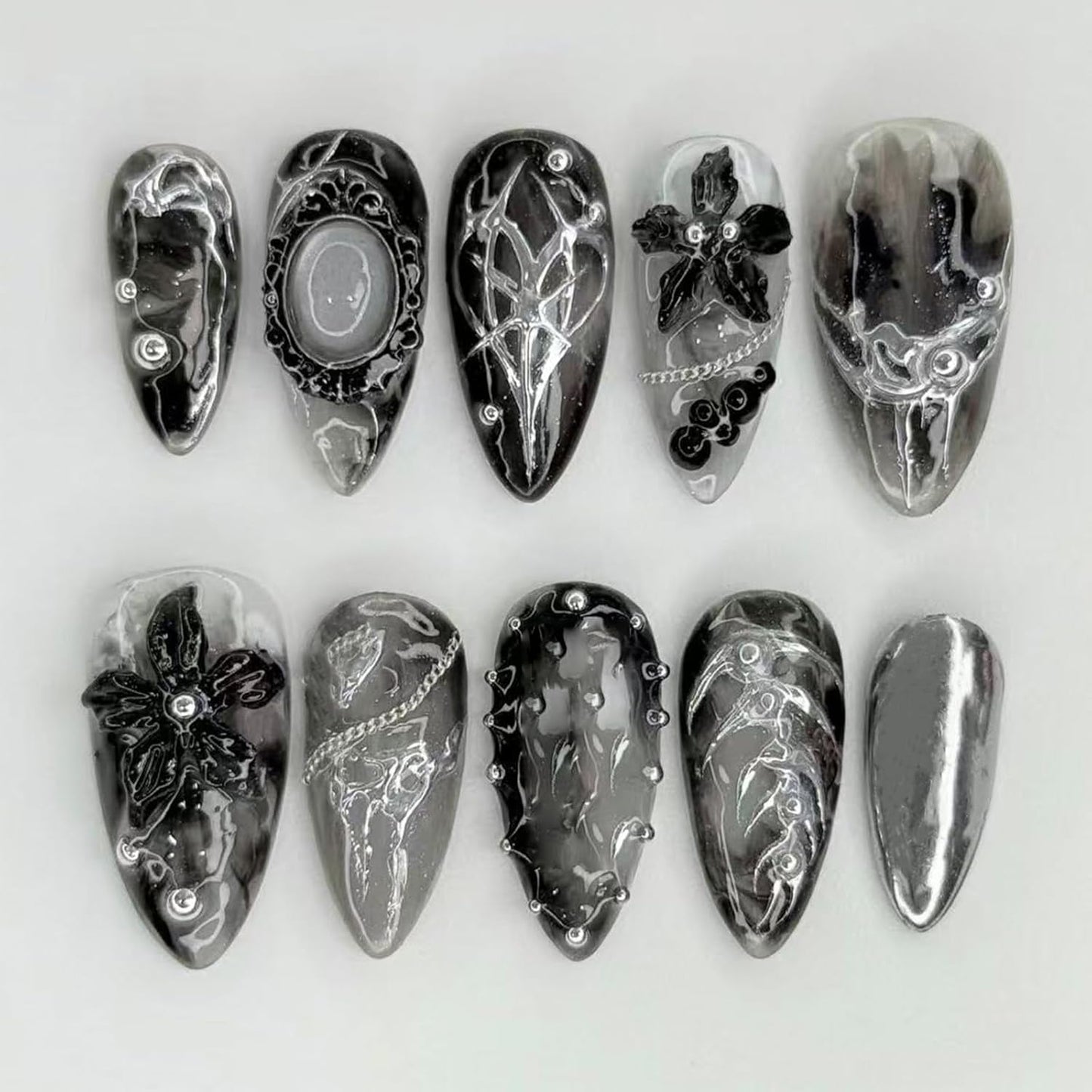 Gothic Press On Nails - Medium Almond 3D Metallic Rhinestone Design | 24 Pcs Black Acrylic False Nails for Women