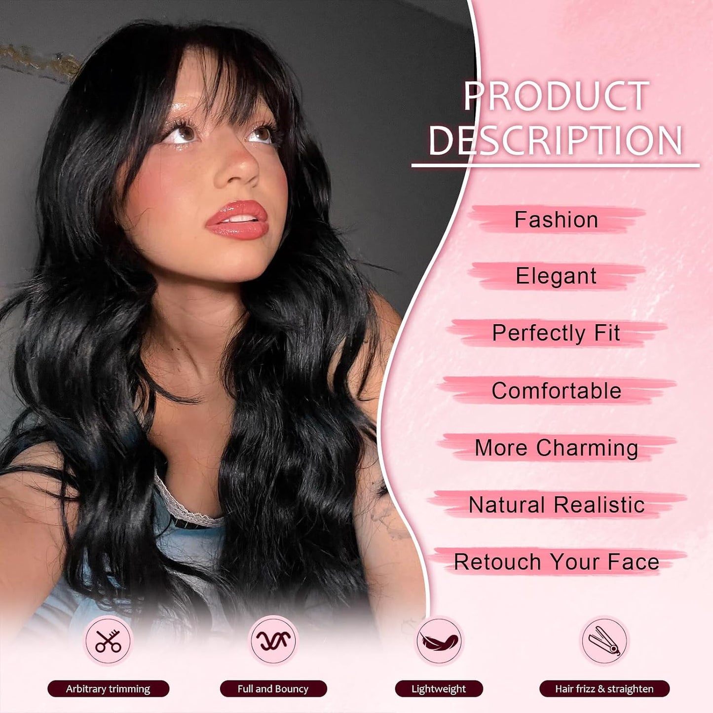 NOSTALGIA Black Wig - Long Curly Wavy Synthetic Wig with Bangs for Women | Perfect for Daily or Party Wear