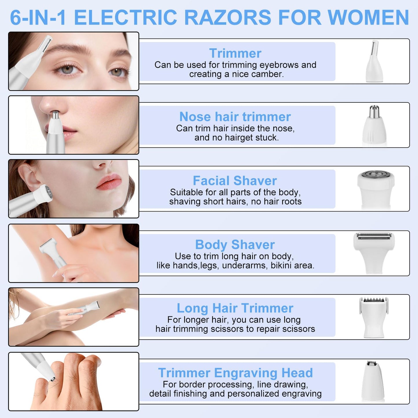 6 in 1 Bikini Trimmer and Shaver Kit for Women, Wet/Dry Electric Body Hair Trimmer Facial Hair Removal Cordless Waterproof Bikini Shaver Razor for Face Nose Eyebrow Arm Leg Pubic Armpit Bikini