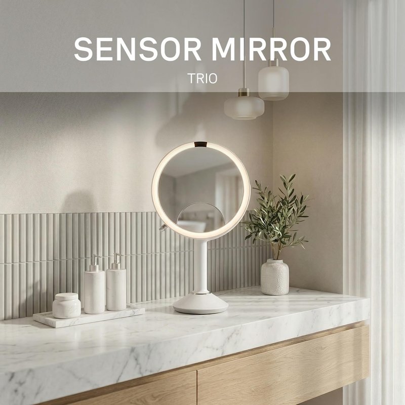 simplehuman Sensor Mirror Trio, 1X 5X 10X Magnification, Round Rechargeable Beauty Makeup Mirror, Tru-Lux® Full-Spectrum Light, Dual Light Settings, Adjustable Brightness, White Steel