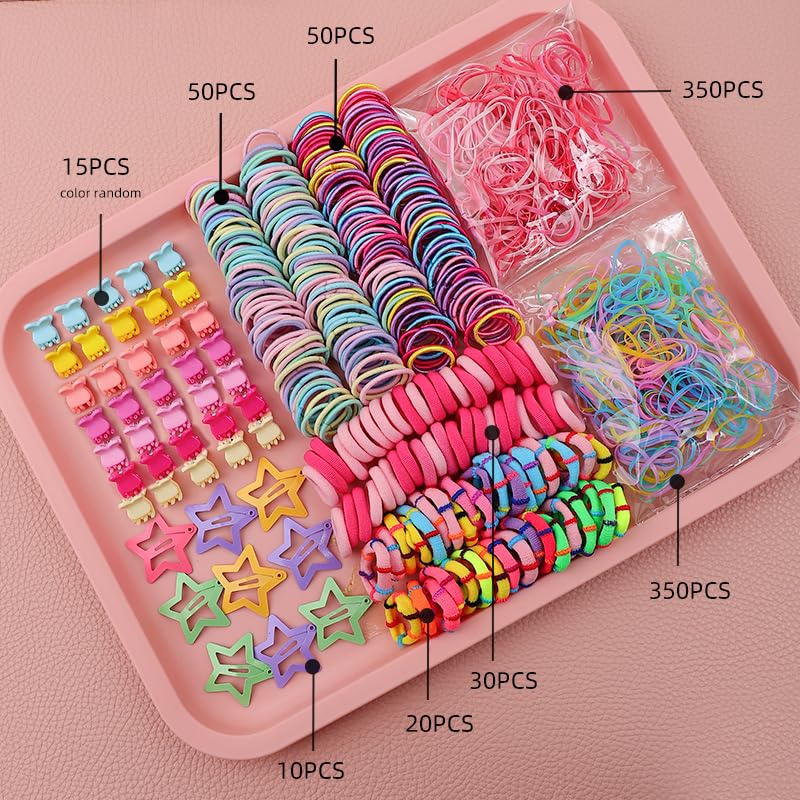 Elastic Hair Ties for Girls - 889 Pcs Colorful Rubber Bands Set with 14 Cute Hair Clips