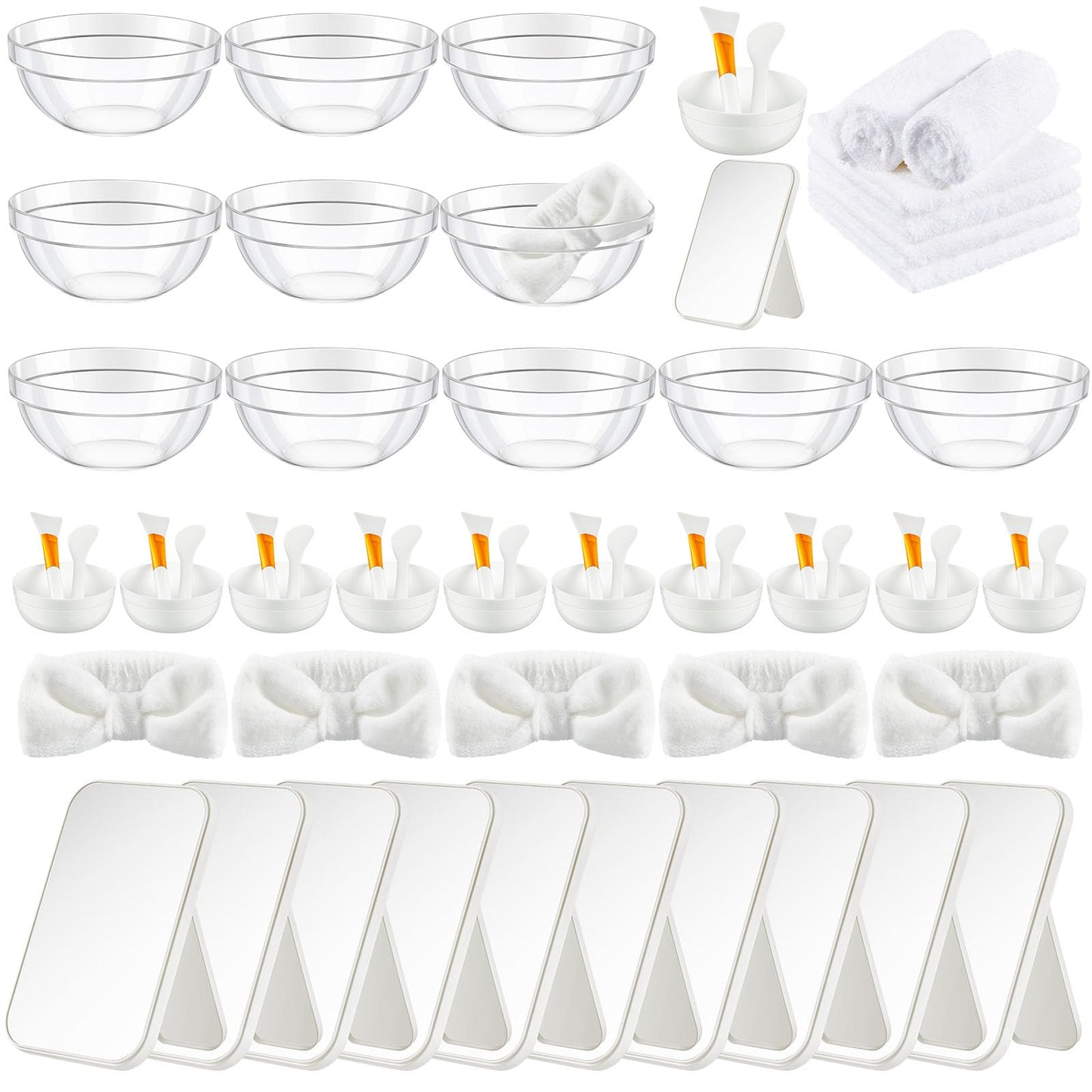 Teenyyou 6 Set White Spa Party Supplies for Girls Women Include Facial Mask Bowl with Stick Spatula Silicone Brush Mirror Headband Towel for DIY Spa Sleepover Slumber Wedding Birthday Party Favor