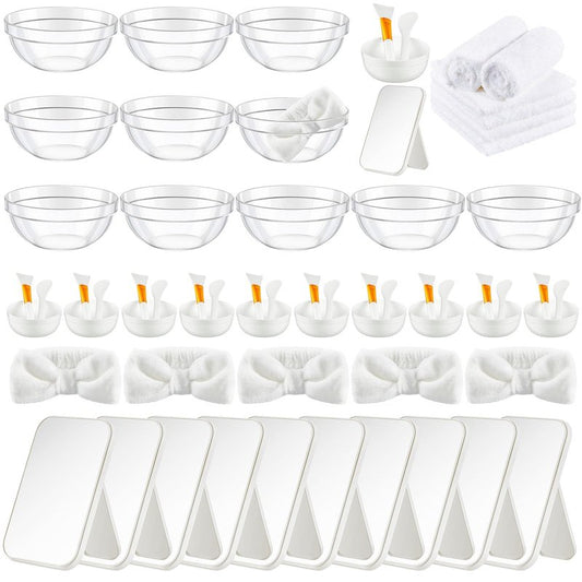 Teenyyou 6 Set White Spa Party Supplies for Girls Women Include Facial Mask Bowl with Stick Spatula Silicone Brush Mirror Headband Towel for DIY Spa Sleepover Slumber Wedding Birthday Party Favor