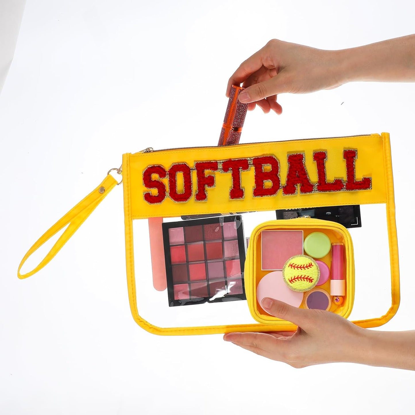 Softball Gift Set for Girls - 4 Pcs Snack Goodie Bags & Makeup Toiletry Pouch | Chenille Letter Travel Case