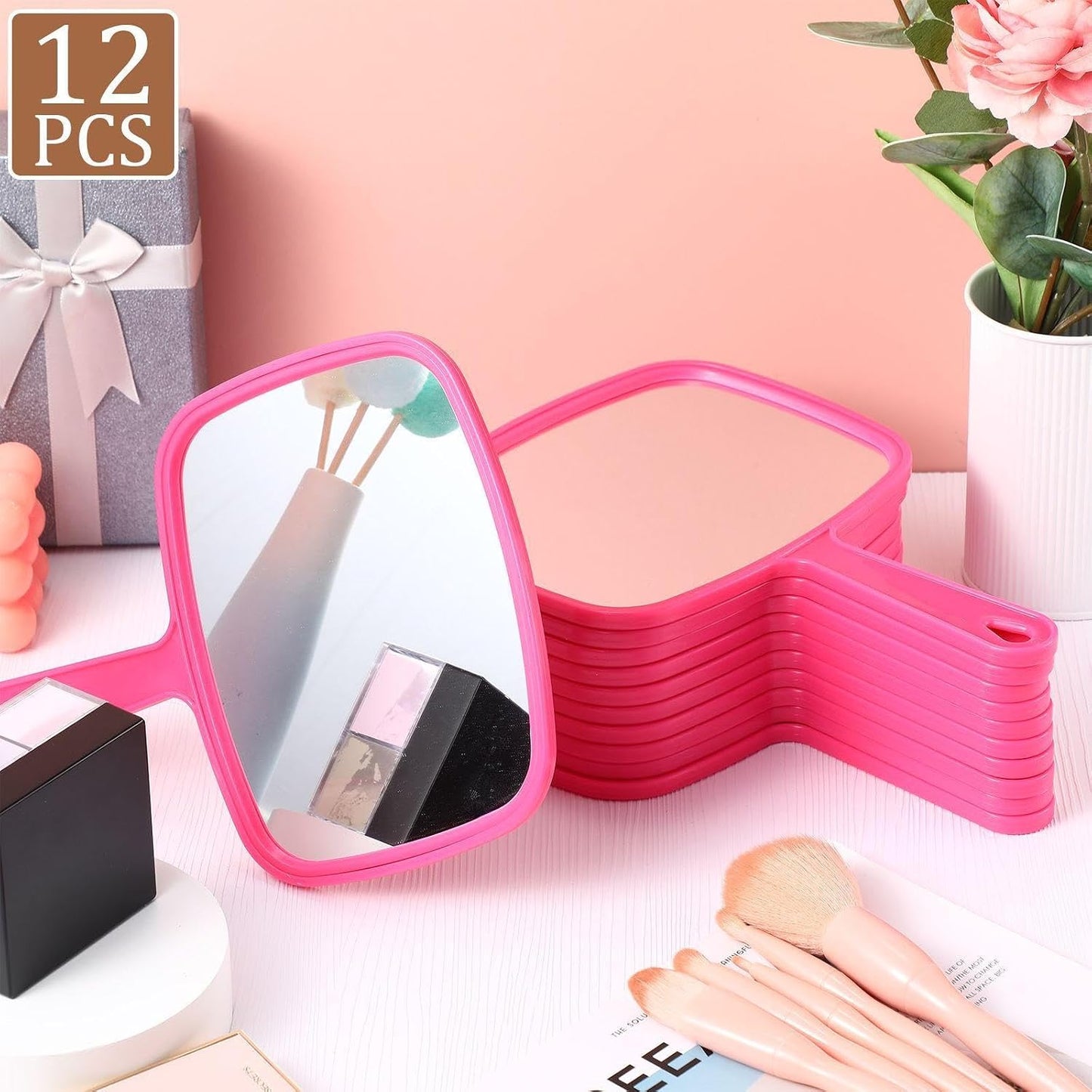 12 Pcs Handheld Makeup Mirrors - Portable Beauty Mirrors for Home, Salon & Travel | 6.69 x 9.45 Inch (Rose Red)