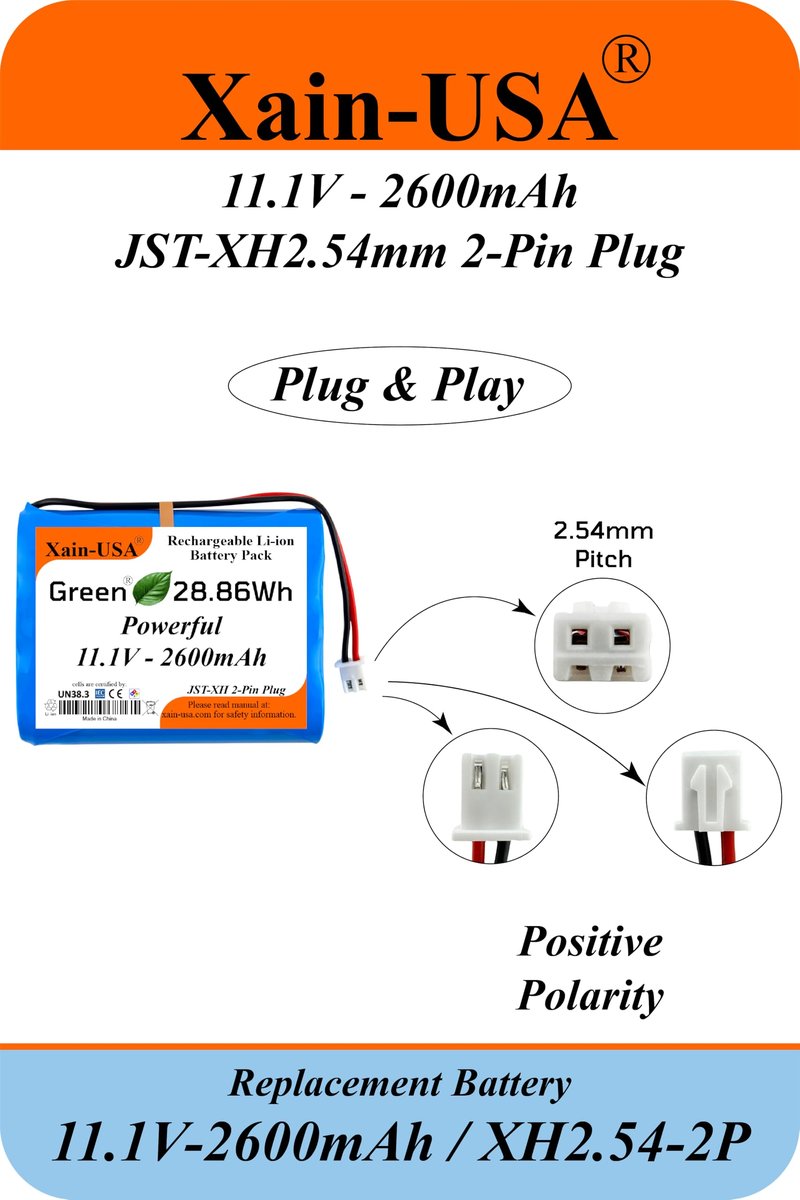 Xain-USA Powerful Replacement 11.1V Li-ion Battery. 2600mAh Capacity, 3S1P config, JST-XH2.54 Connector, Built-in BMS. Ideal for Super LifeJacket Jolt Rugged IMW888S, IMW889N-BLKC.