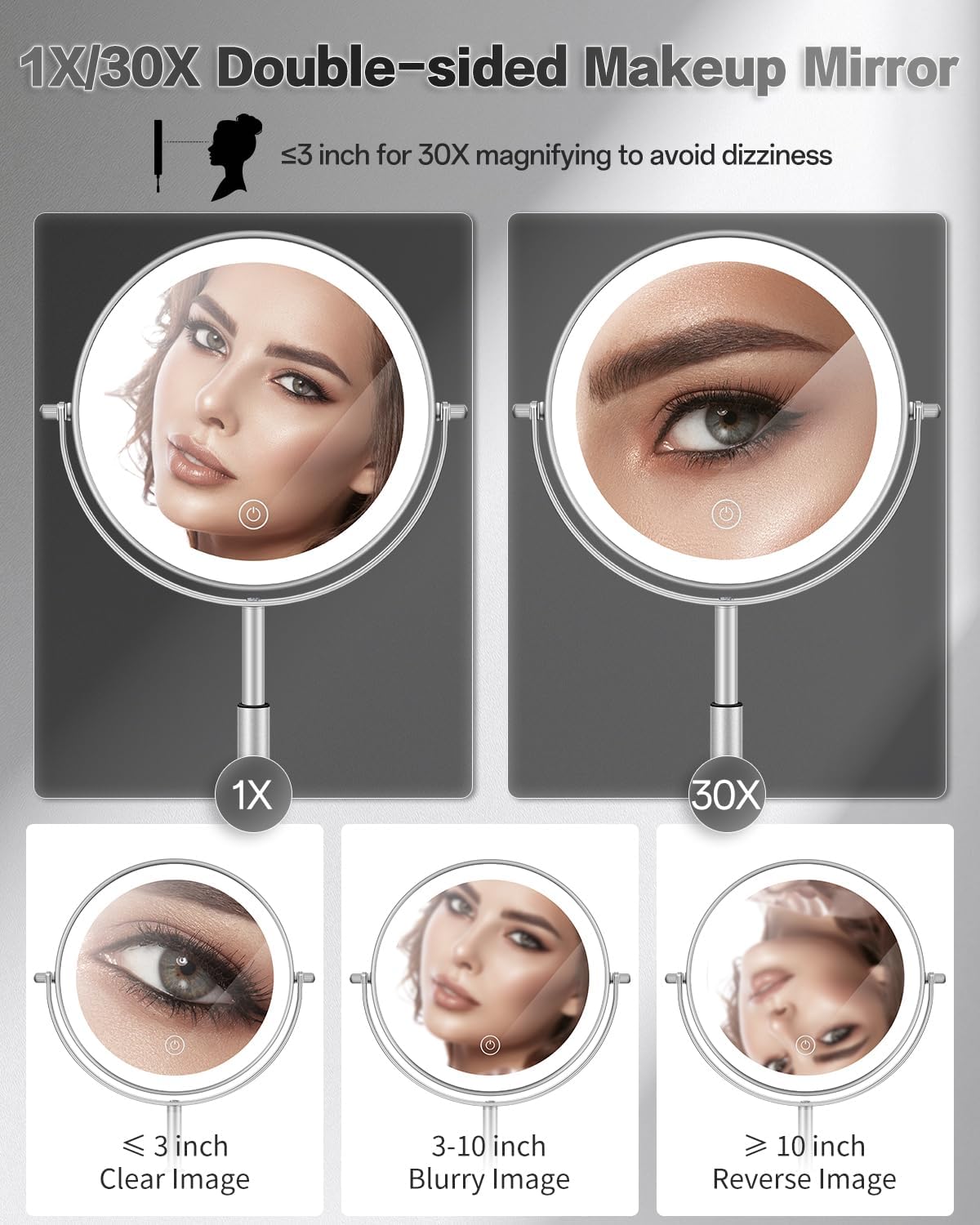 30X/1X Lighted Makeup Mirror - Adjustable Height Vanity Mirror with 3 Lighting Modes & Rechargeable 3000mAh Battery | Perfect Gift for Women