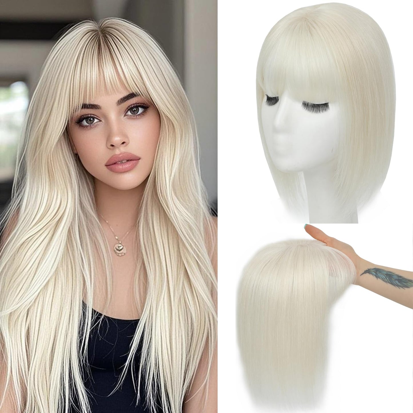 Hair Topper For Women Real Human Hair 10 Inch Super Lightweight Invisible Base Toppers Hairpieces for Women with Thinning Crown Fluffy Breathable for Summer Daily Wear(Bleach Blonde, Middle Part New)