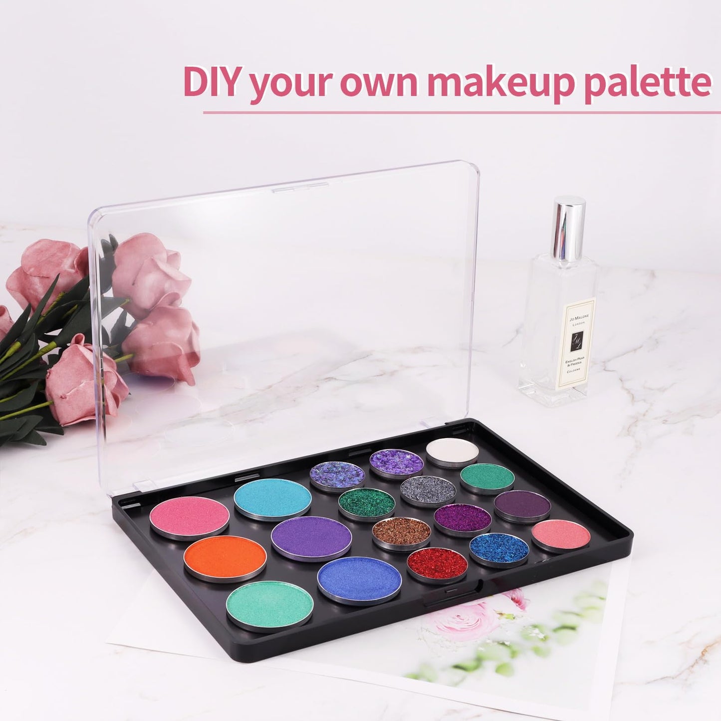Snowso Large Empty Magnetic Eyeshadow Palette with Clear Top, Travel Makeup Organizer with 40Pcs Adhesive Metal Stickers For DIY Your Own Powder Palette (Large Palette - 7.87”x5.51”)