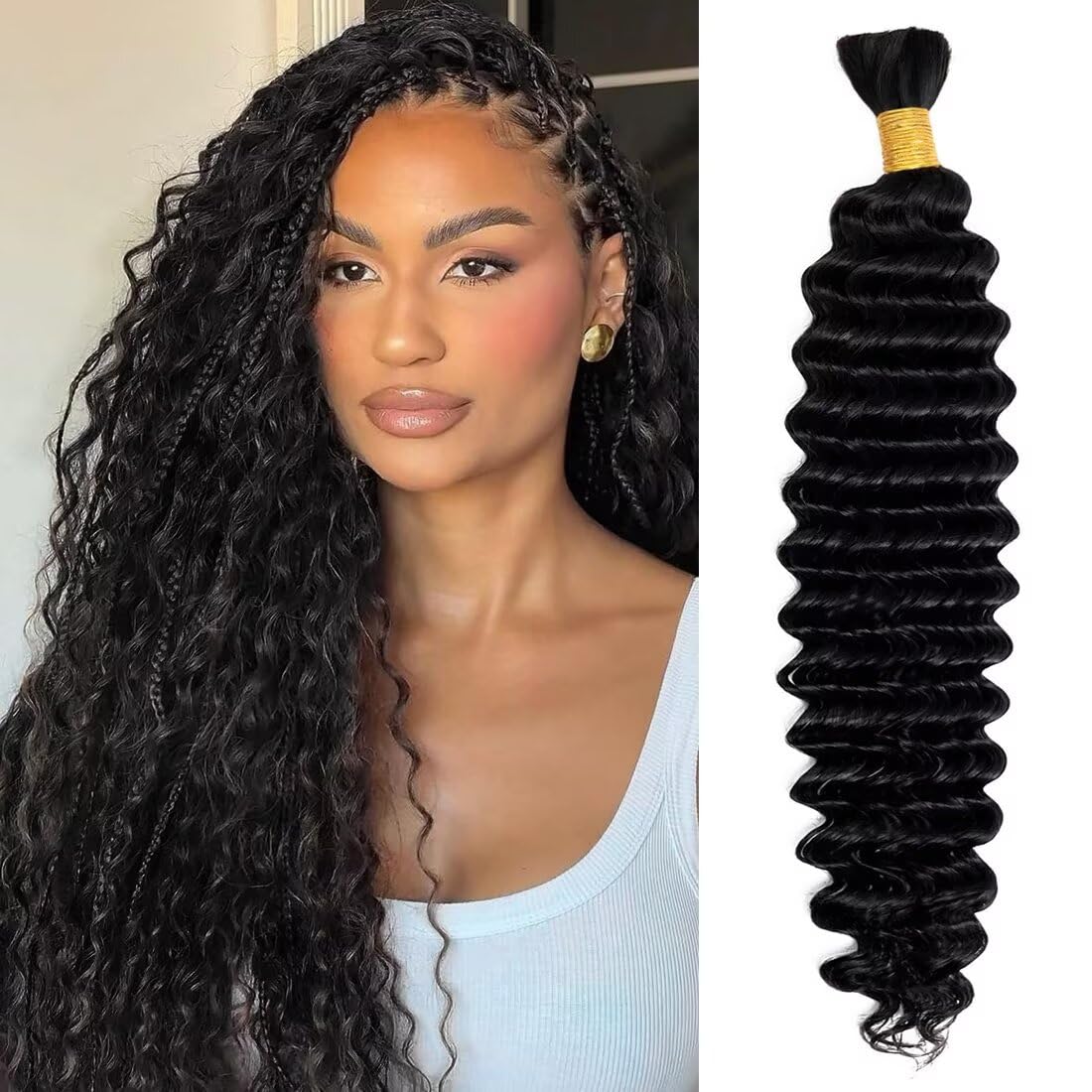 Boho Hair - 30 Inch Curly Virgin Human Braiding Hair for Women | 12A Knotless Deep Wave, 100g 2 Bundles Natural Black