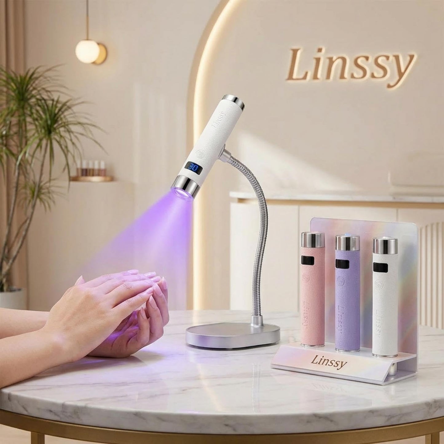 Linssy Mini UV Light for Nails with Auto Sensor & Gooseneck Stand,Portable Cordless Nail Lamp Flash Cure Lamp with LCD Display,Handheld UV Light for Gel Nails at Salon & Home Use