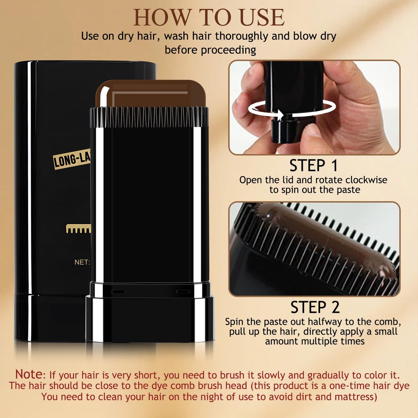 Hair Color Stick - Waterproof Touch-Up Dye for Gray Hair | Portable Comb Applicator - Black