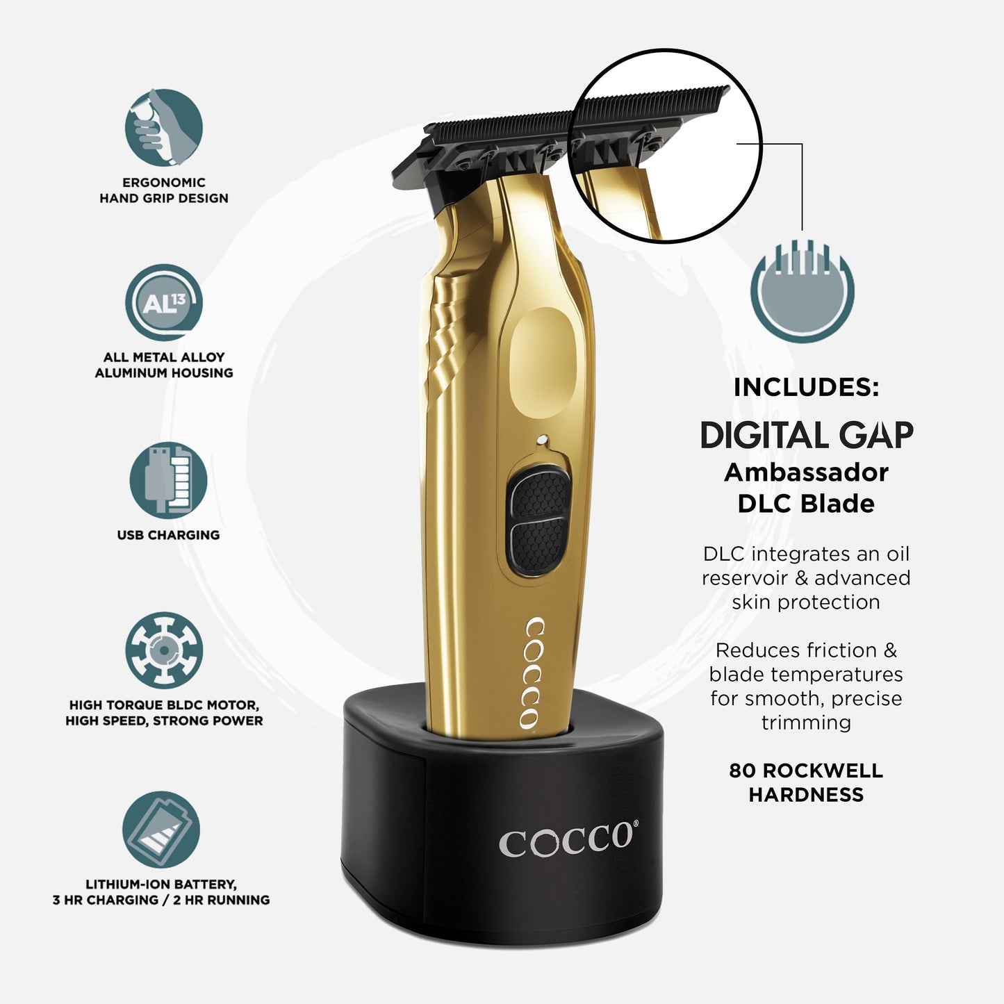 Cocco Veloce Pro Trimmer, Digital Gap Ambassador DLC Blade Edger, High-Torque Brushless BLDC Motor, Cordless, All-Metal Design, Lithium-Ion Battery, Charging Base Included, Gold