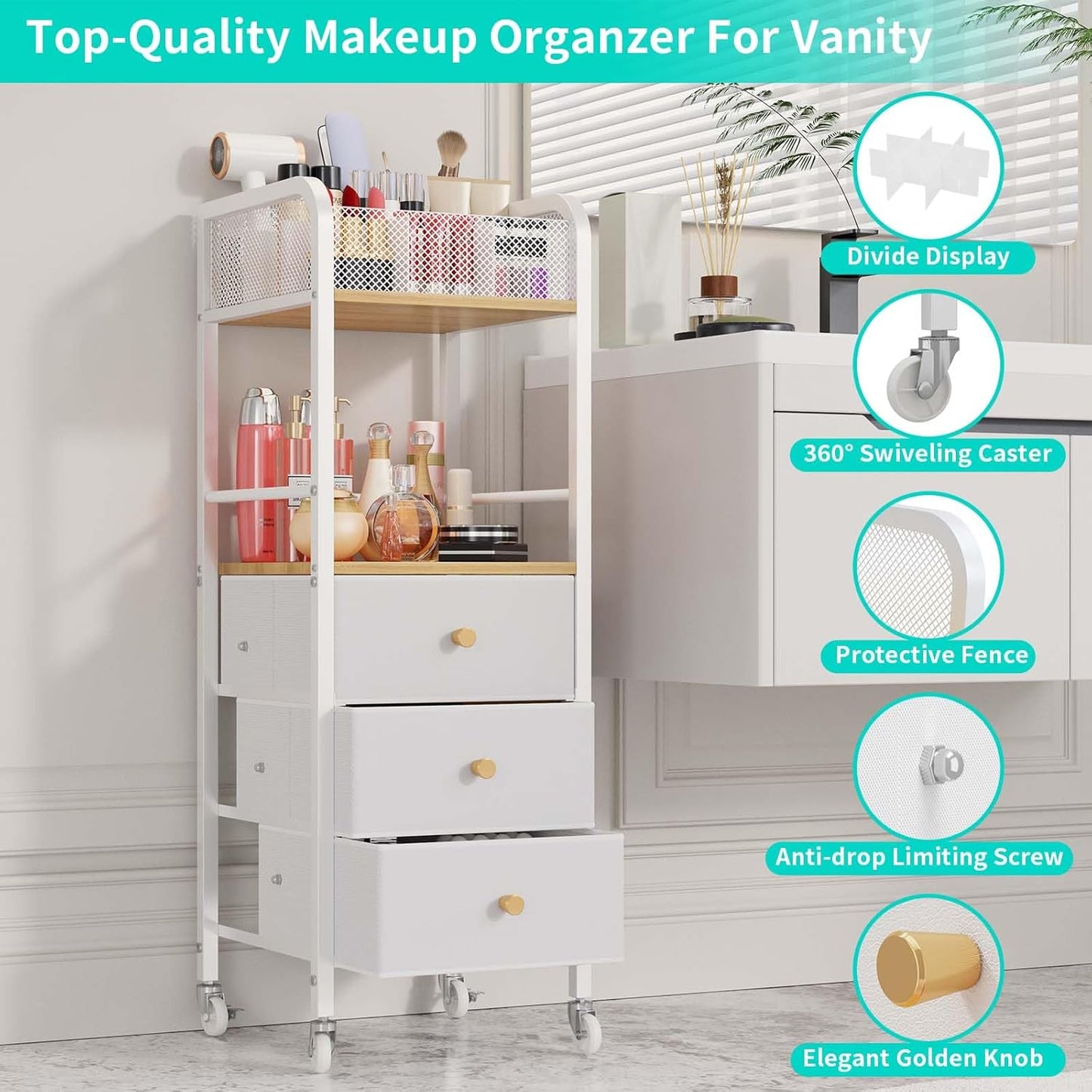 Rolling Makeup Cart Organizer - Skincare & Cosmetic Storage with 3 Fabric Drawers | Vanity Display Case for Beauty Tools